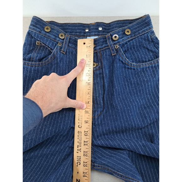 Vtg Suspender Button Jeans Women 9 Fits 4 27.5x29in Blue Pinstripe Retro Baggy - Picture 8 of 8